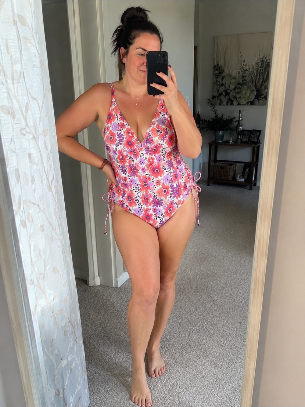 AIMAGE XL Floral Ruched One Piece Swimsuit Side Tie V Neck Tummy Flattering